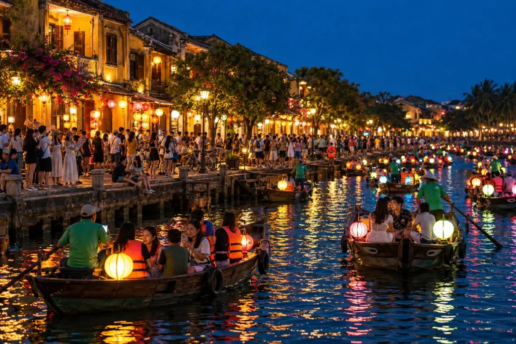 hoi-an-evening-1200x800 Βάρκες με πολύχρωμα φαναράκια και πλήθος επισκεπτών στην παραποτάμια παλιά πόλη του Hoi An, Vietnam