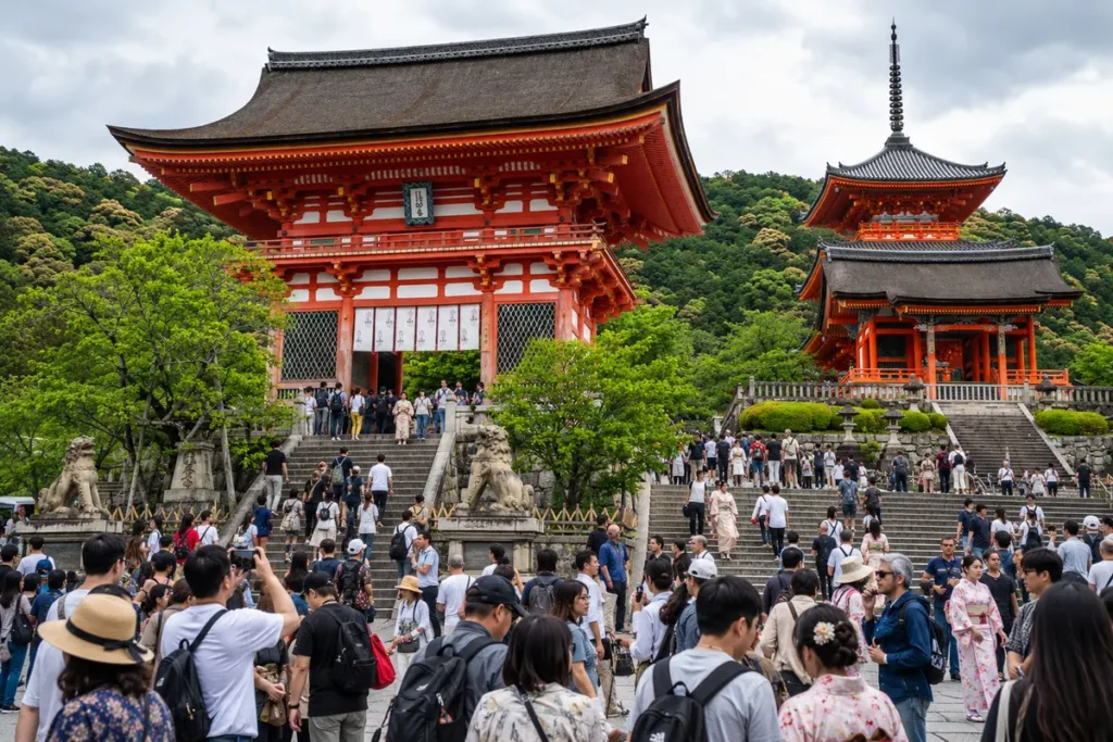 kyoto-crowds Πλήθος επισκεπτών μπροστά στις κόκκινες πύλες του ναού Kiyomizu-dera στο Κιότο, Ιαπωνία