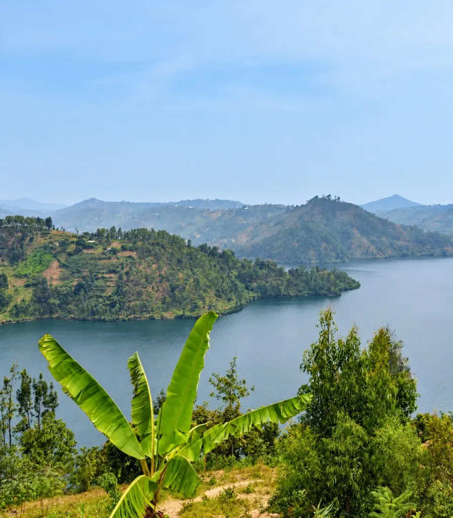 lake-green-hills-banana-plants Λίμνη ανάμεσα σε καταπράσινους λόφους, με μπανανιές στο προσκήνιο