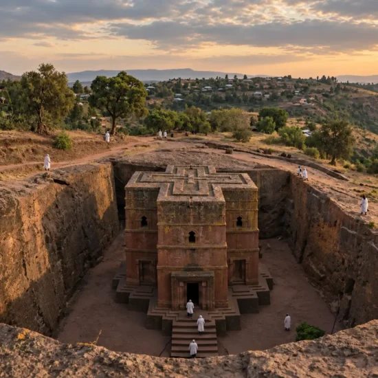 Η εκκλησία Biete Giyorgis στη Lalibela της Αιθιοπίας, με τη στέγη σε σχήμα σταυρού και προσκυνητές ντυμένους στα λευκά στα γύρω μονοπάτια