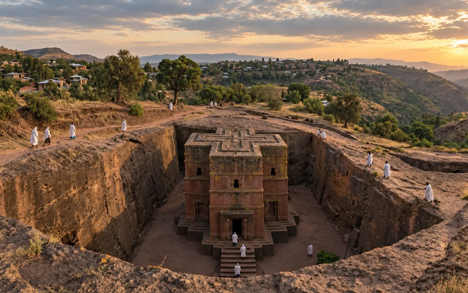Η εκκλησία Biete Giyorgis στη Lalibela της Αιθιοπίας, με τη στέγη σε σχήμα σταυρού και προσκυνητές ντυμένους στα λευκά στα γύρω μονοπάτια